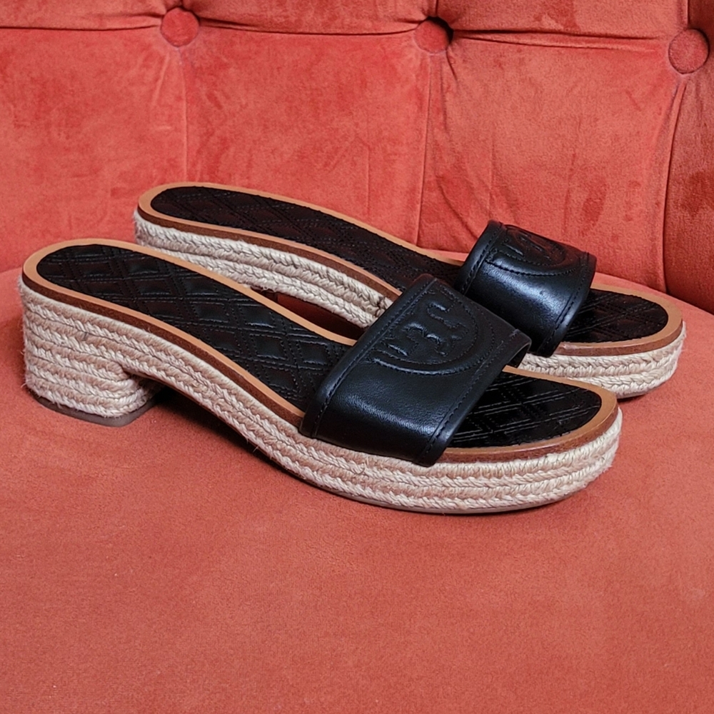 Tory Burch Black and Tan Mules with Espadrille Sole